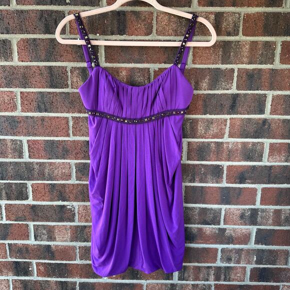 Sz 4 BCBG MaxAzria Y2K NWT Deadstock Purple Bubble Hem Dress Rhinestone 00s Glam - Picture 1 of 8